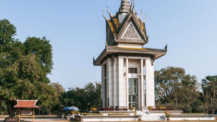 The Buddhist Stupa memorial at the Choeung Ek Killing Fields in Phnom Penh Cambodia