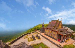 The historic French colonial Old Catholic Church on Bokor Mountain overlooking the Kampot coastline Cambodia