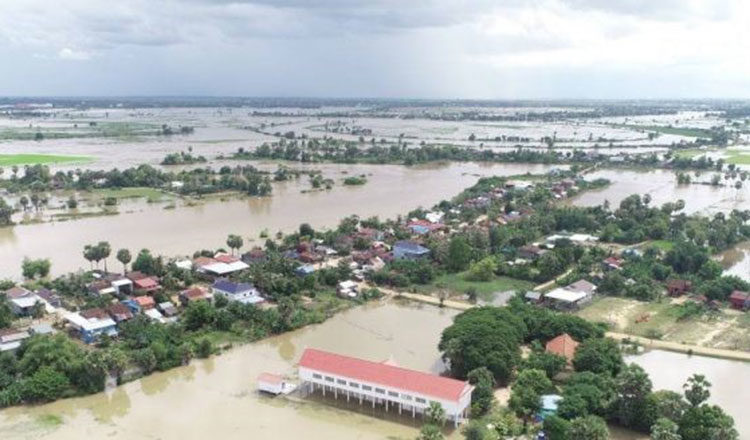 Aerial view of the Stung Sen River and city landscape in Kampong Thom Province Cambodia