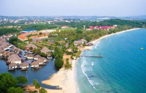 Aerial view of luxury beach resorts and turquoise water in Sihanoukville Cambodia