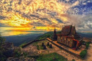 Sunset view of Wat Sampov Pram pagoda on the cliff of Bokor Mountain in Kampot Cambodia