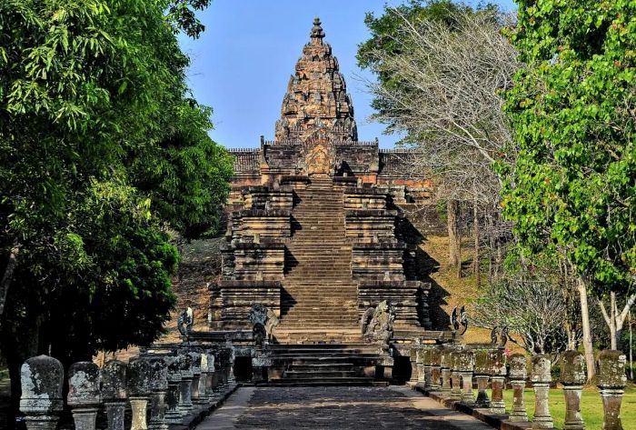 Grand laterite staircase leading to the central sanctuary of Phanom Rung Khmer temple.