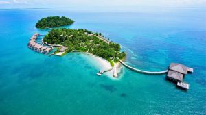 Aerial view of Song Saa Private Island luxury resort and turquoise water in Koh Rong Cambodia