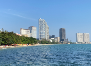 Skyline view of buildings along the coast in Kampot Cambodia during a private tour