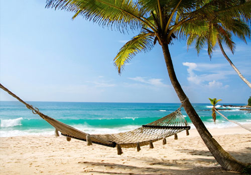 Empty beach hammock tied to palm trees on white sand at Otres Beach Sihanoukville Cambodia
