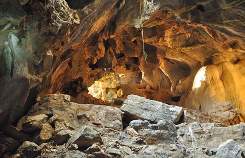 Interior view of a limestone cave at Phnom Sorsia in Kampot Cambodia during a private taxi tour