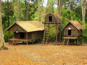 Traditional Kreung indigenous village with wooden stilt houses and high bachelor huts in Ratanakiri, Cambodia.
