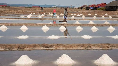 Traditional white salt mounds at the Kampot salt farms with workers in the background Cambodia