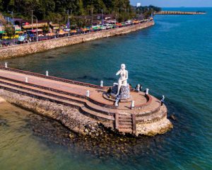 Aerial view of the White Lady Statue Srey Sor at the Kep waterfront pier in Cambodia